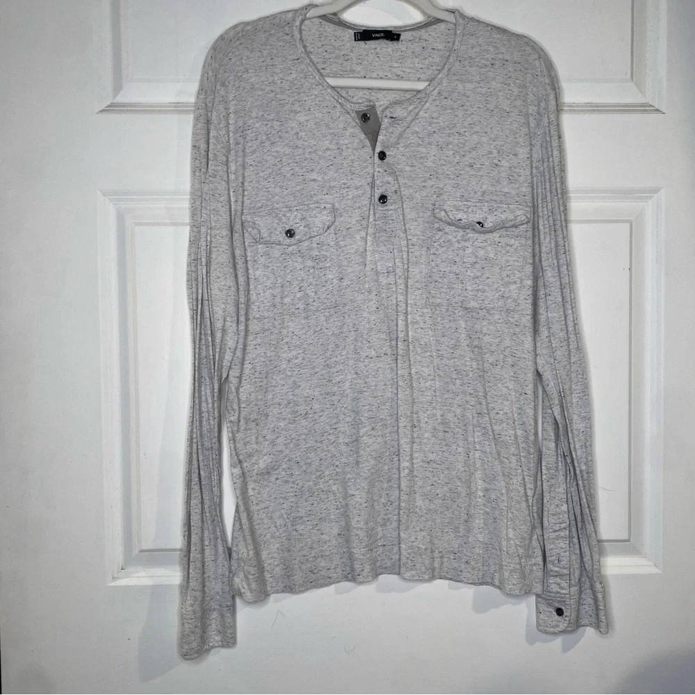 Vince Long Sleeve Henley Neck Double Chest Pockets Speckled Grey Size XL
